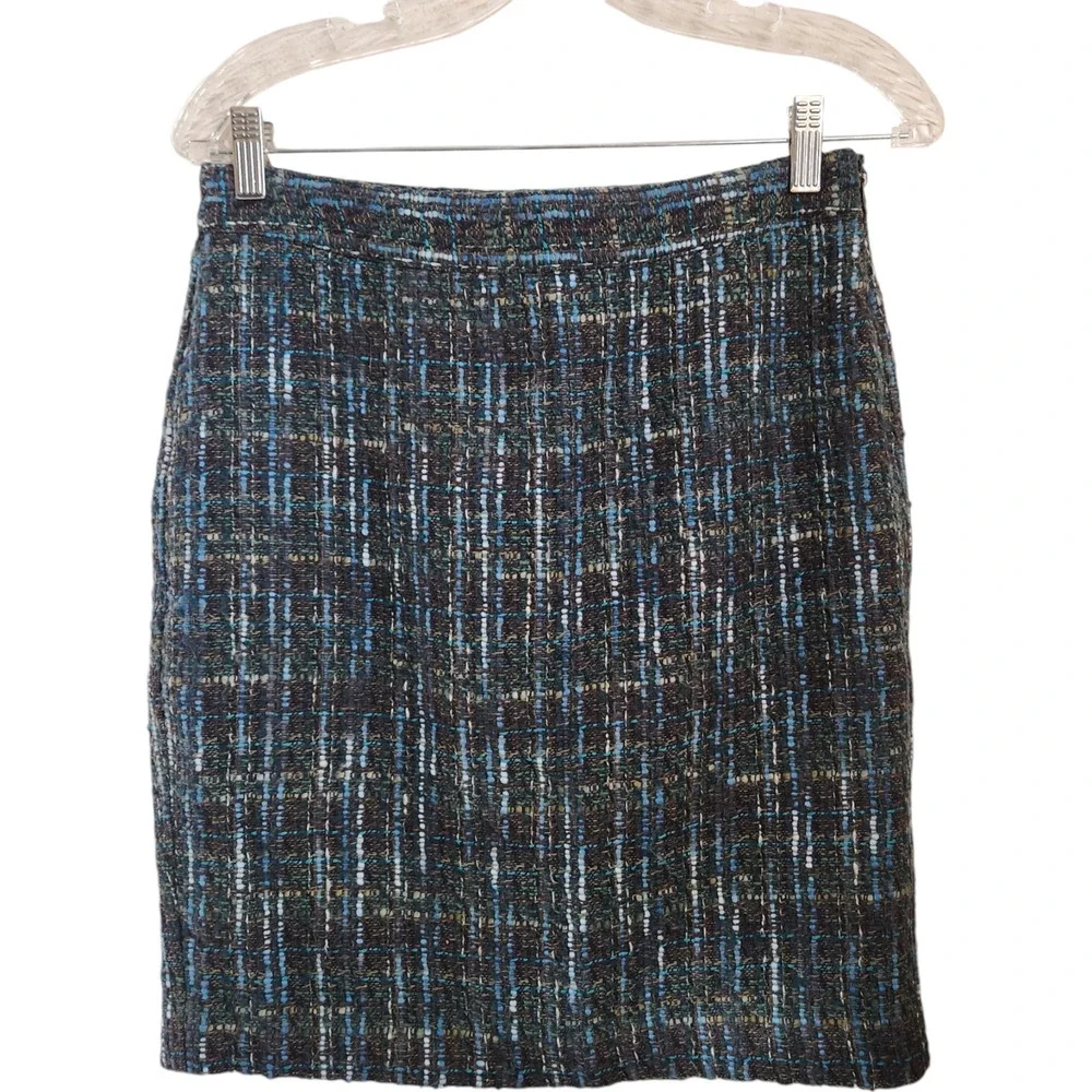 J. Jill Tweed Skirt 4 Petite Pencil Mini‎ Knee Lined Heather Blue Office Work